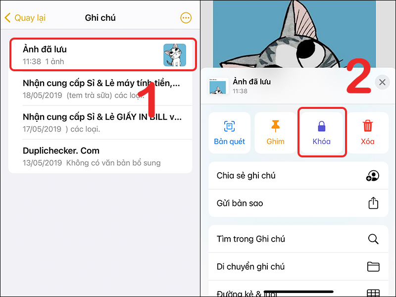 Khóa phần ghi chú chứa ảnh muốn giấu